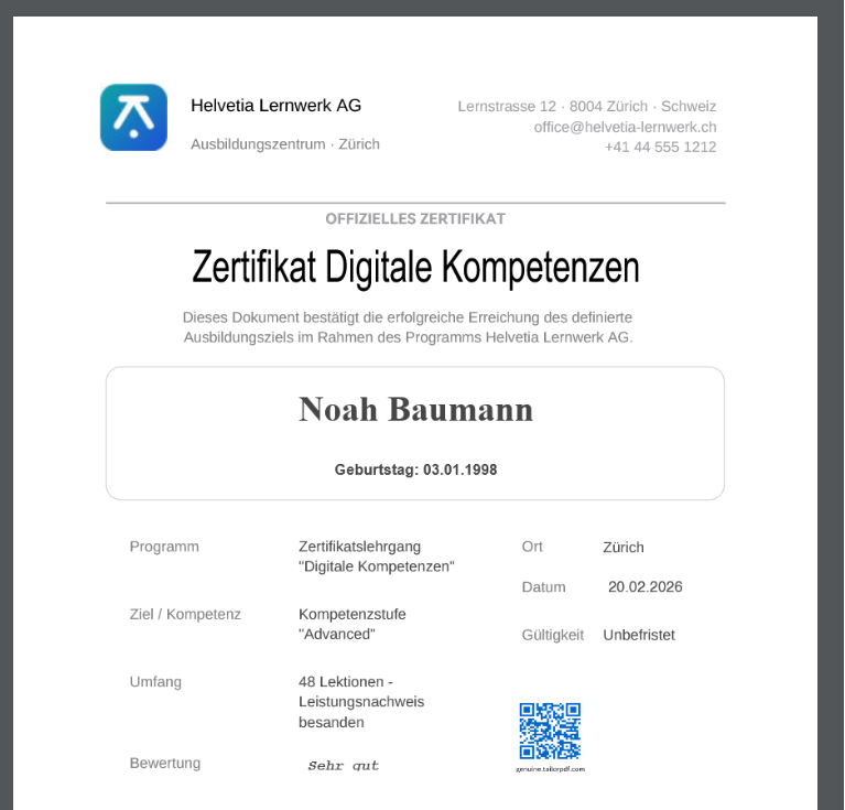 Beispiel eines Zertifikats, das mit TailorPDF auberereitet wurde.